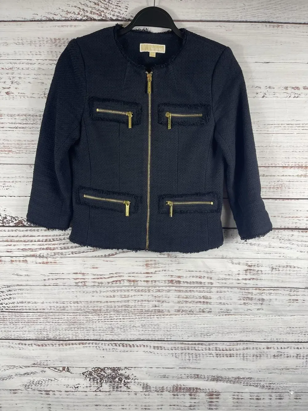 Michael Michael Kors Jacket Women's Size 4 Black Zip Front Tweed Gold Zippers
